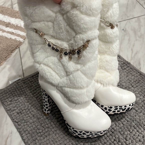 WOMENS Leopard Print w/ faux fur KNEE HIGH HEEL PLATFORM BOOTS - Picture 4 of 4